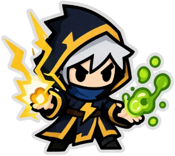 An illustrated hooded elementalist wielding lightning and green magic